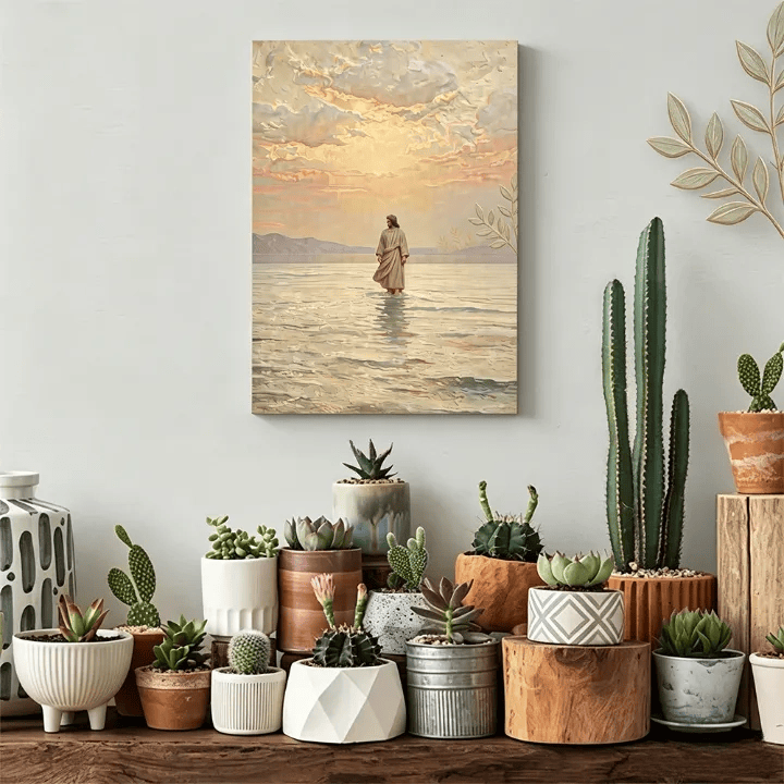 Christianartworkshop Stampa di Gesù sull'acqua al tramonto caldo: un simbolo quotidiano di speranza e di superamento dell'impossibile - image 3