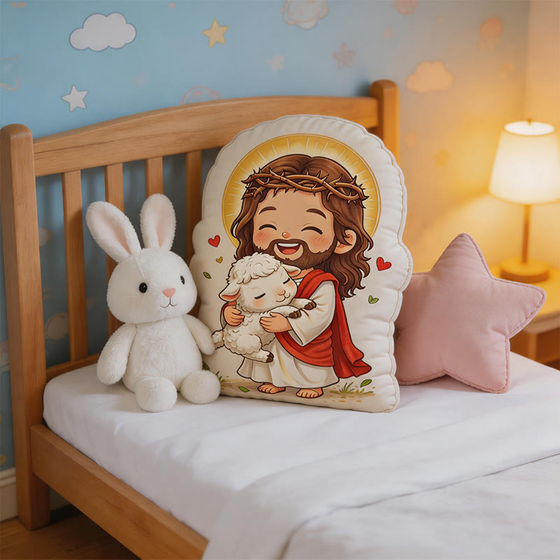 Christianartworkshop Simpatico cuscino di peluche a forma di Gesù con aureola e agnello: un'accogliente decorazione per la casa ispirata alla fede. - image 2