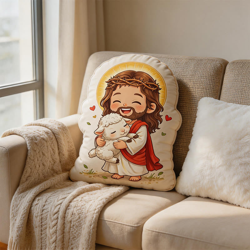 Christianartworkshop Simpatico cuscino di peluche a forma di Gesù con aureola e agnello: un'accogliente decorazione per la casa ispirata alla fede. - 24" (60 cm) - image 0