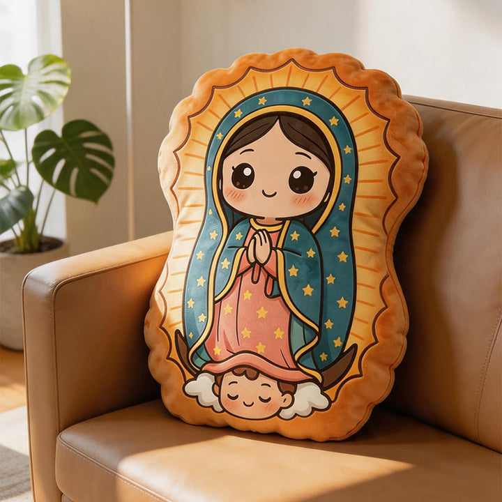 Christianartworkshop Simpatico cuscino in peluche a forma di cartone animato della Madonna di Guadalupe: un'accogliente decorazione per la casa ispirata alla fede. - image 4