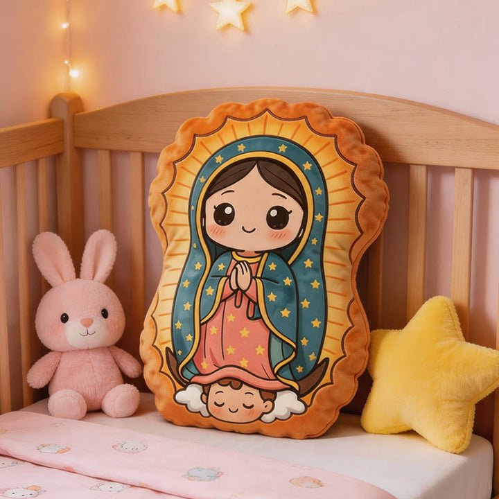 Christianartworkshop Simpatico cuscino in peluche a forma di cartone animato della Madonna di Guadalupe: un'accogliente decorazione per la casa ispirata alla fede. - image 3