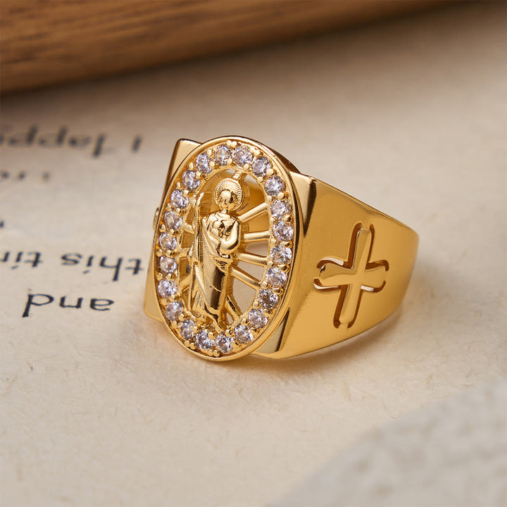 Christianartworkshop Anello con sigillo St. Jude con aureola di zirconi e croce laterale: simbolo di speranza e guida divina. - image 1