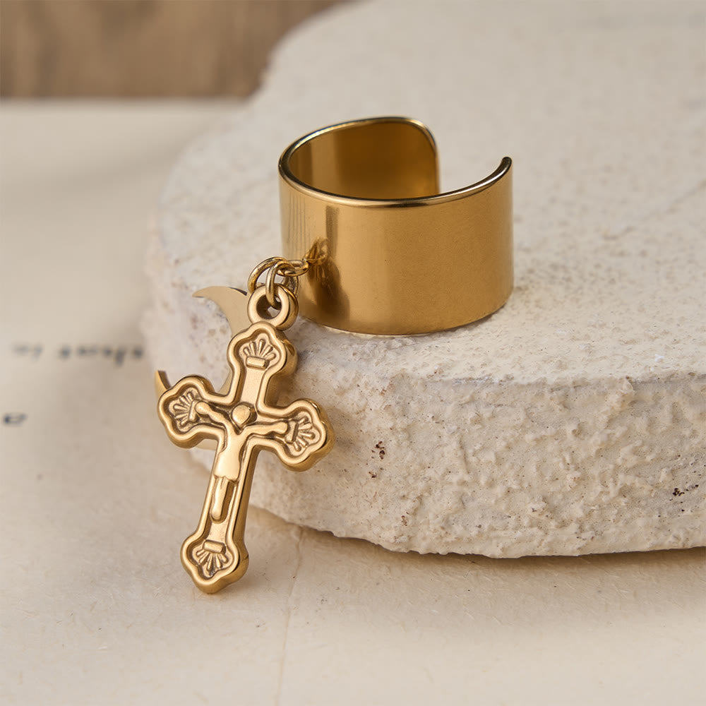 Christianartworkshop Anello aperto Premium Faith Charm con molteplici simboli: un emblema sacro di fede incrollabile - Luna d'oro e croce - image 4