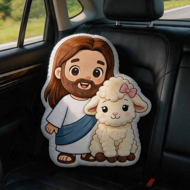 Christianartworkshop Adorabile cuscino decorativo in peluche con Gesù e agnello in stile cartone animato: un tocco delicato e fedele. - 24" (60 cm) - image 0