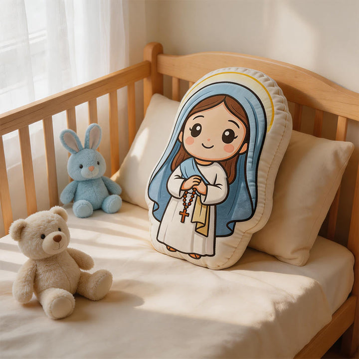 Christianartworkshop Simpatico cuscino in peluche a forma di Madonna con rosario: un'accogliente decorazione per la casa ispirata alla fede. - image 2