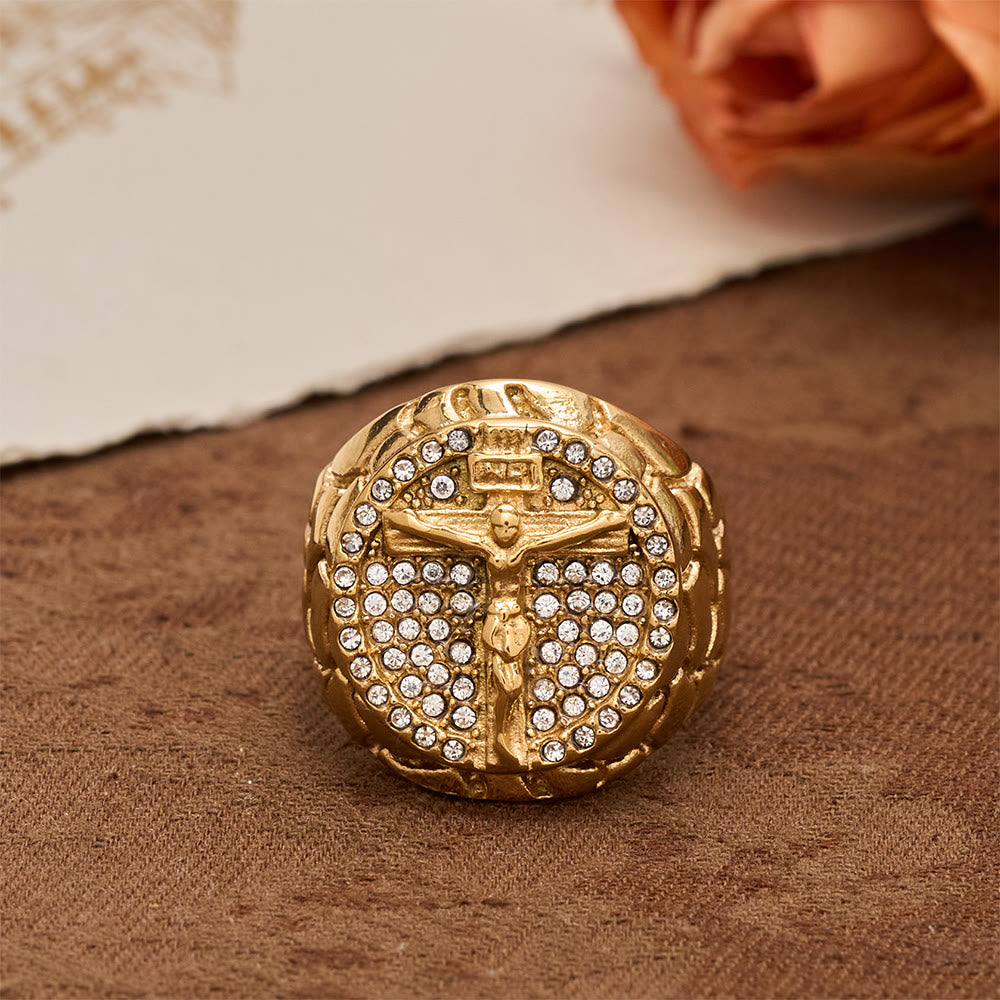 Christianartworkshop Anello vistoso con crocifisso e zirconi INRI: simbolo di incrollabile fede redentrice. - D'oro - US 13 - image 2