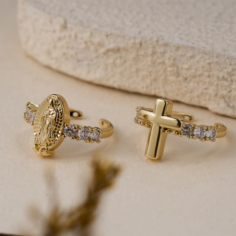 Christianartworkshop Anello regolabile con zirconi, Madonna e Croce: simboli di grazia mariana e amore redentore. - image 1