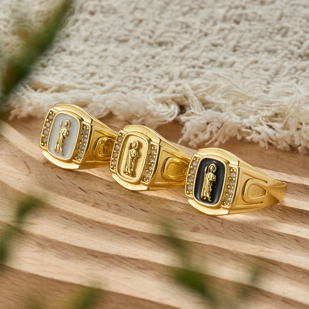 Christianartworkshop Anello con sigillo di San Giuda a tre colori con dettagli in zirconi: simbolo di speranza e guida divina. - image 0