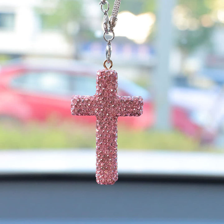 Ciondolo a croce per auto con decorazioni in cristallo Christianartworkshop : una fede radiosa per ogni viaggio. - Rosa# - image 12