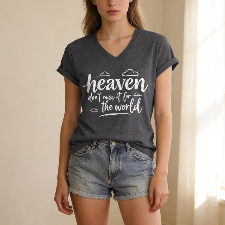 Christianartworkshop T-shirt casual con scollo a V e stampa di nuvole ispiratrici "Heaven Don't Miss It For The World" - image 21