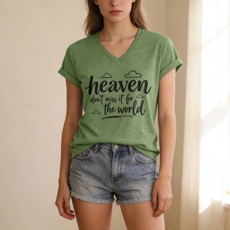 Christianartworkshop T-shirt casual con scollo a V e stampa di nuvole ispiratrici "Heaven Don't Miss It For The World" - image 5
