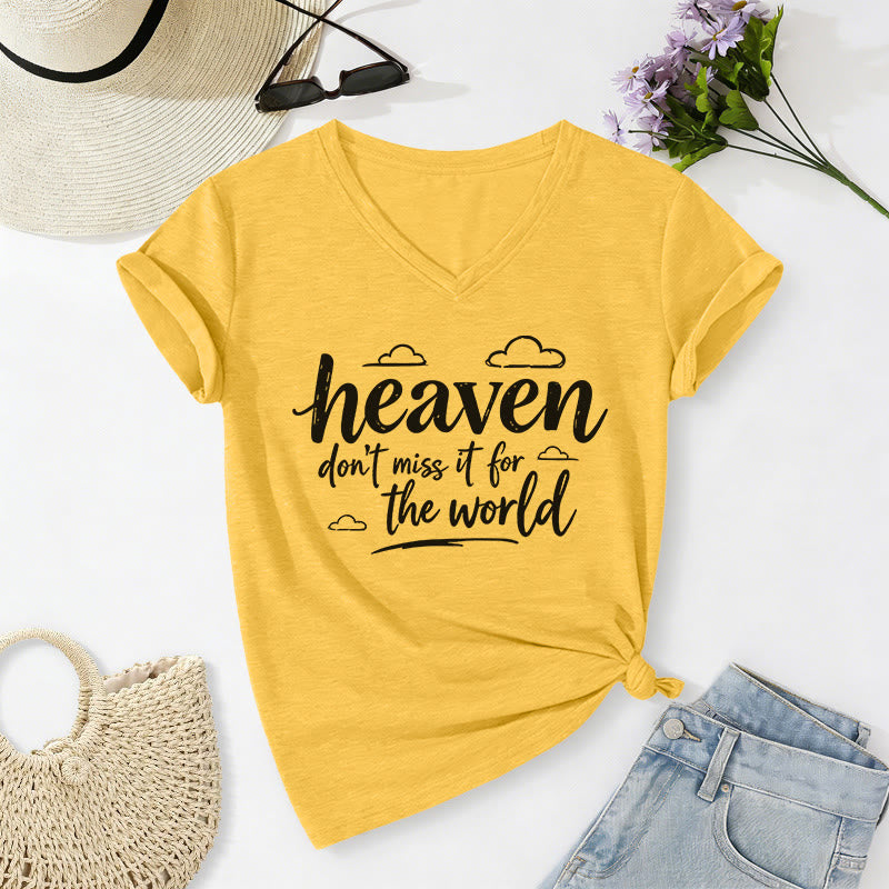Christianartworkshop T-shirt casual con scollo a V e stampa di nuvole ispiratrici "Heaven Don't Miss It For The World" - Giallo - 2XL - image 2