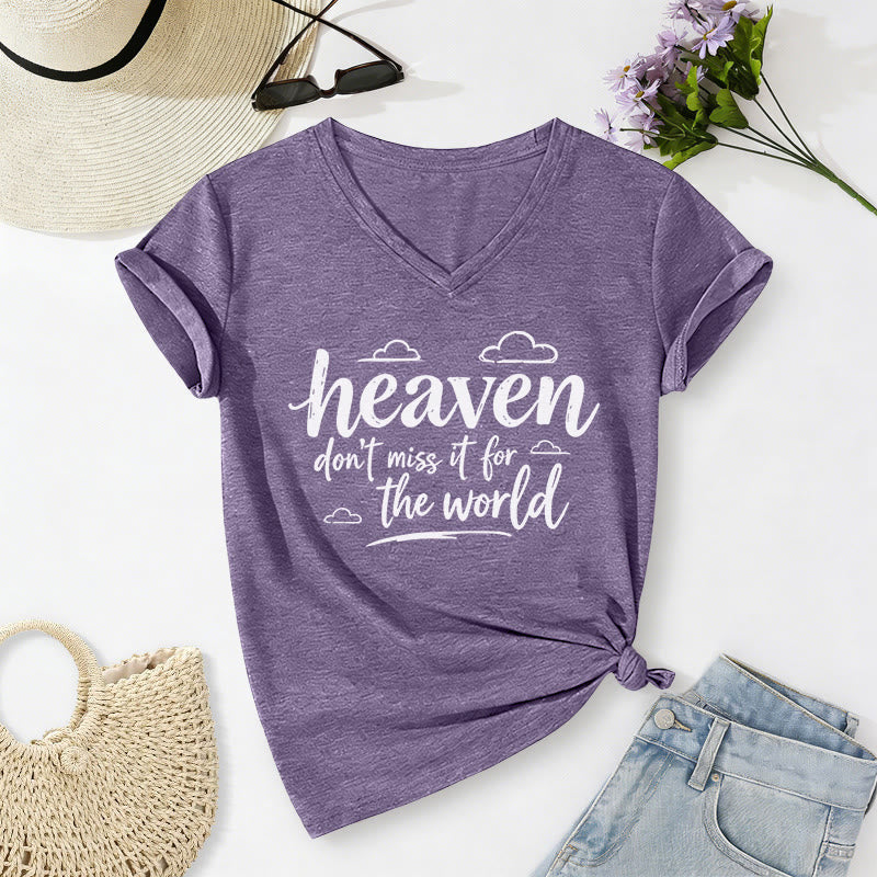 Christianartworkshop T-shirt casual con scollo a V e stampa di nuvole ispiratrici "Heaven Don't Miss It For The World" - Viola - 2XL - image 16