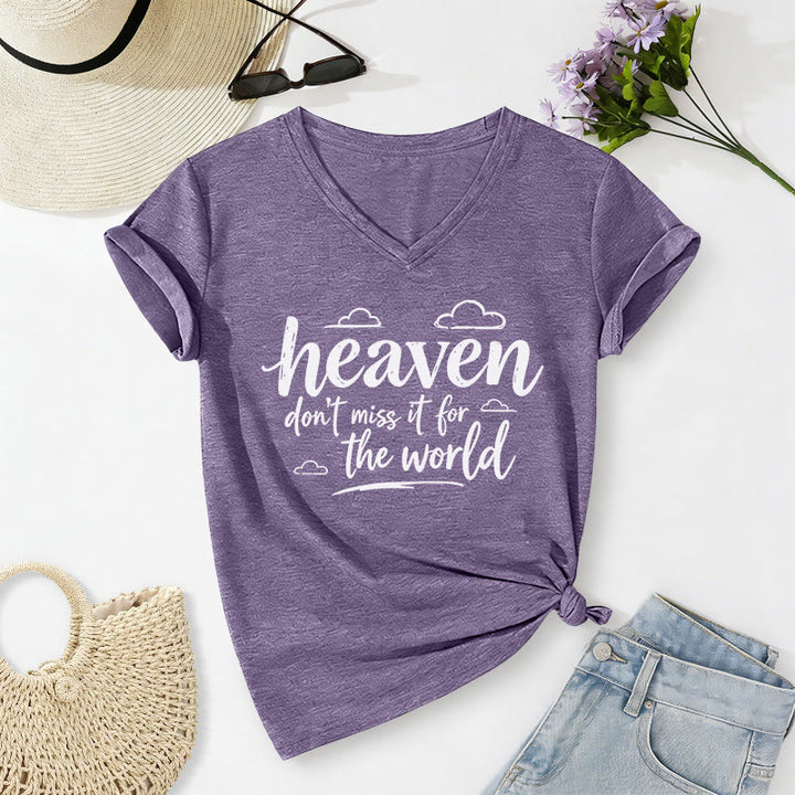 Christianartworkshop T-shirt casual con scollo a V e stampa di nuvole ispiratrici "Heaven Don't Miss It For The World" - Viola - 2XL - image 16