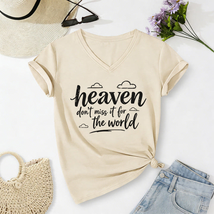 Christianartworkshop T-shirt casual con scollo a V e stampa di nuvole ispiratrici "Heaven Don't Miss It For The World" - Beige - 2XL - image 0