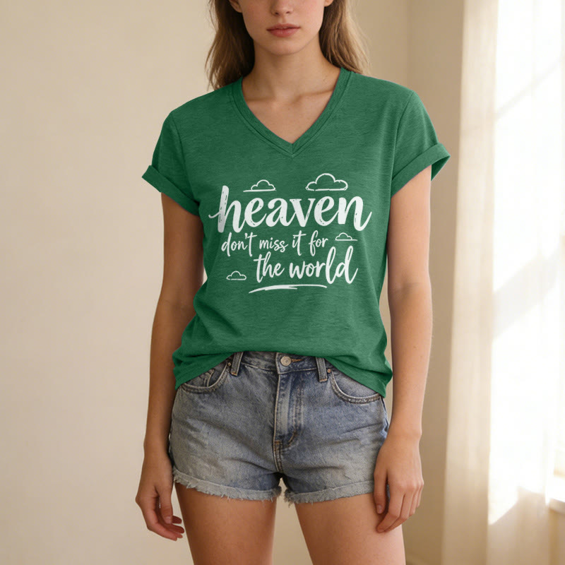 Christianartworkshop T-shirt casual con scollo a V e stampa di nuvole ispiratrici "Heaven Don't Miss It For The World" - image 15