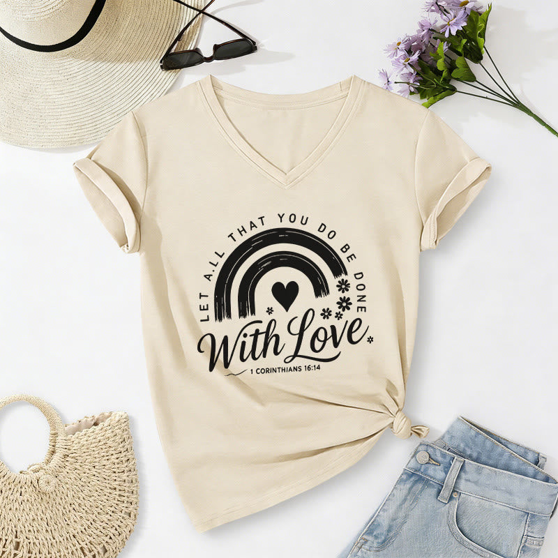 Christianartworkshop T-shirt casual con scollo a V e stampa floreale arcobaleno con versetto biblico e scritta "Love". - Beige - 2XL - image 6