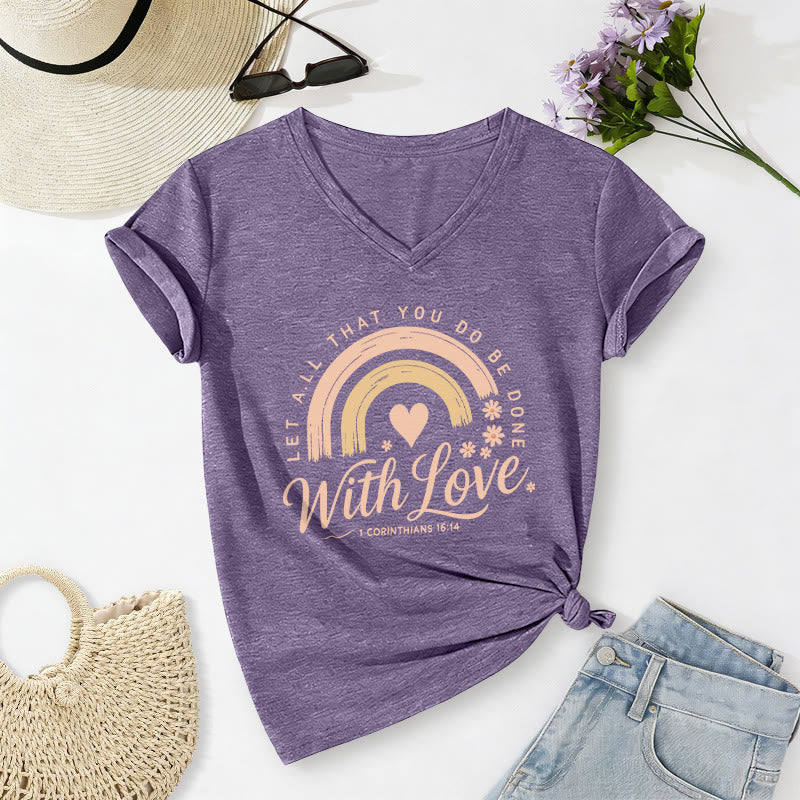 Christianartworkshop T-shirt casual con scollo a V e stampa floreale arcobaleno con versetto biblico e scritta "Love". - Viola - 2XL - image 2