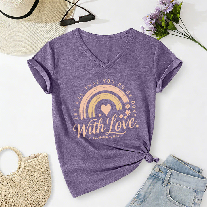 Christianartworkshop T-shirt casual con scollo a V e stampa floreale arcobaleno con versetto biblico e scritta "Love". - Viola - 2XL - image 2