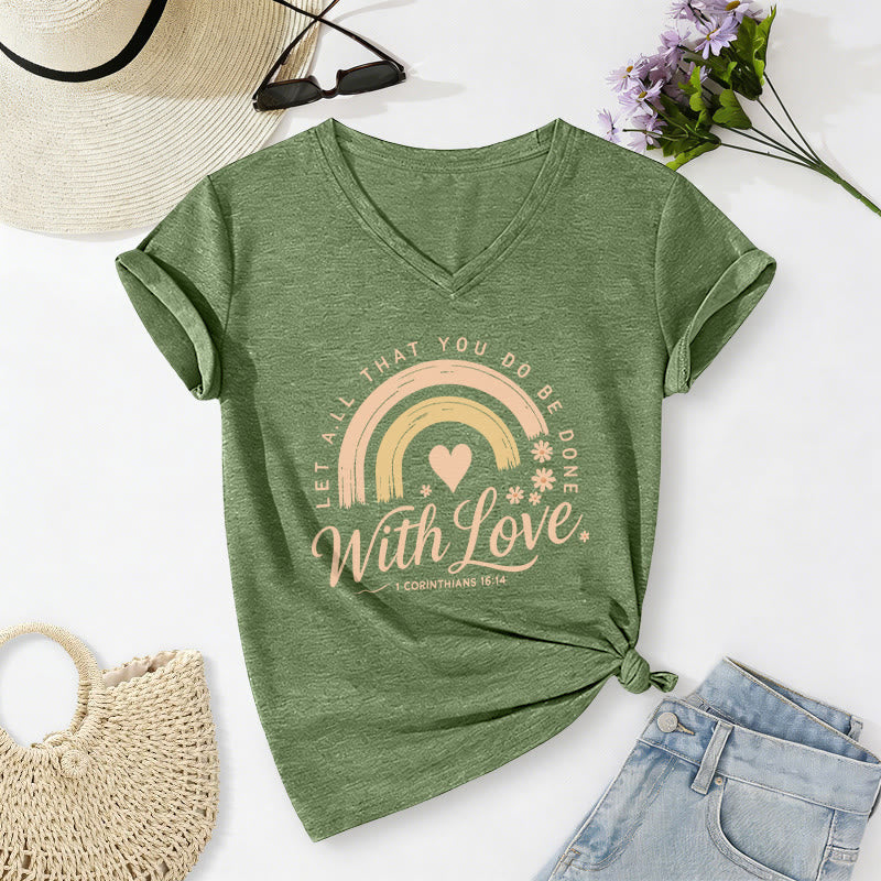 Christianartworkshop T-shirt casual con scollo a V e stampa floreale arcobaleno con versetto biblico e scritta "Love". - Verde oliva - 2XL - image 8