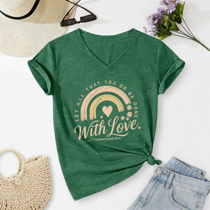 Christianartworkshop T-shirt casual con scollo a V e stampa floreale arcobaleno con versetto biblico e scritta "Love". - Verde scuro - 2XL - image 16