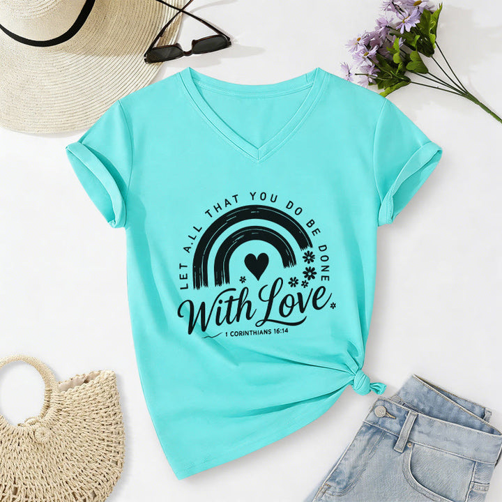Christianartworkshop T-shirt casual con scollo a V e stampa floreale arcobaleno con versetto biblico e scritta "Love". - Blu celeste - 2XL - image 12