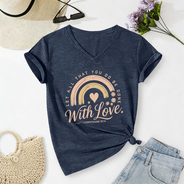 Christianartworkshop T-shirt casual con scollo a V e stampa floreale arcobaleno con versetto biblico e scritta "Love". - Blu navy - 2XL - image 18