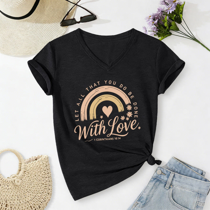 Christianartworkshop T-shirt casual con scollo a V e stampa floreale arcobaleno con versetto biblico e scritta "Love". - image 14