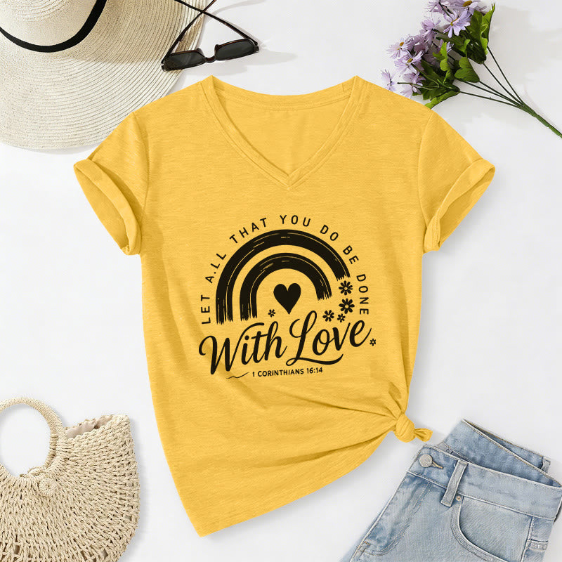 Christianartworkshop T-shirt casual con scollo a V e stampa floreale arcobaleno con versetto biblico e scritta "Love". - Giallo - 2XL - image 4