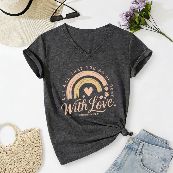 Christianartworkshop T-shirt casual con scollo a V e stampa floreale arcobaleno con versetto biblico e scritta "Love". - Grigio scuro - 2XL - image 20