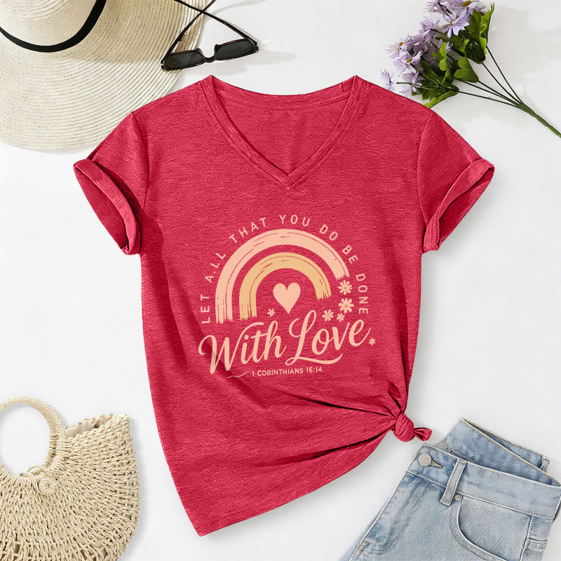 Christianartworkshop T-shirt casual con scollo a V e stampa floreale arcobaleno con versetto biblico e scritta "Love". - Rosso - 2XL - image 22