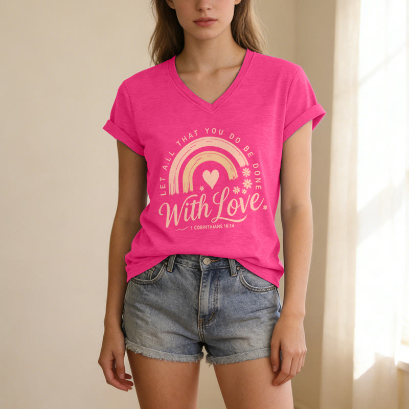 Christianartworkshop T-shirt casual con scollo a V e stampa floreale arcobaleno con versetto biblico e scritta "Love". - image 25