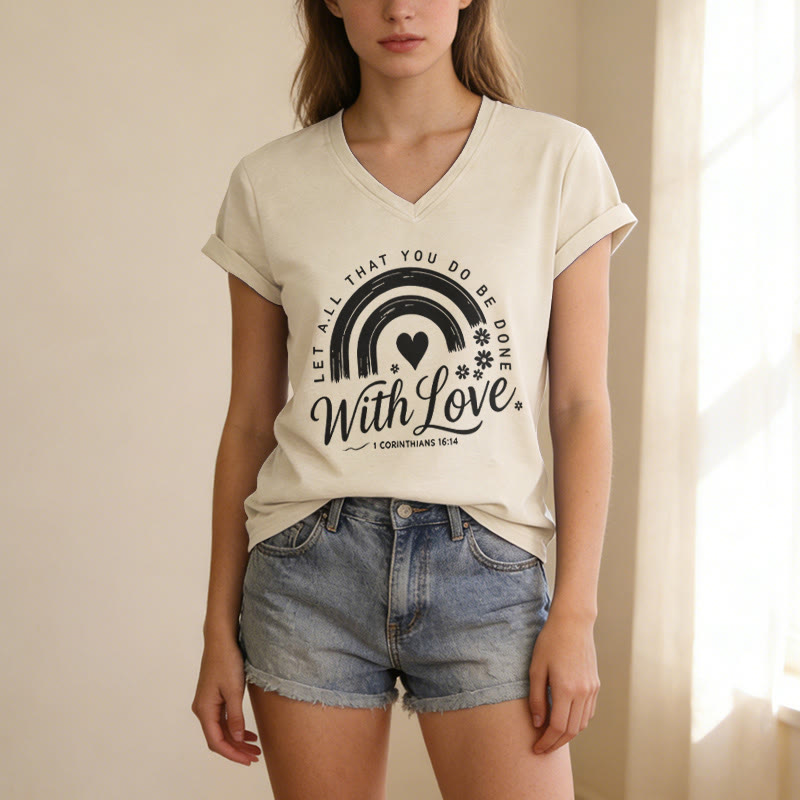 Christianartworkshop T-shirt casual con scollo a V e stampa floreale arcobaleno con versetto biblico e scritta "Love". - image 7