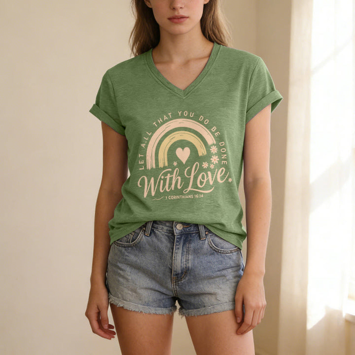 Christianartworkshop T-shirt casual con scollo a V e stampa floreale arcobaleno con versetto biblico e scritta "Love". - image 9