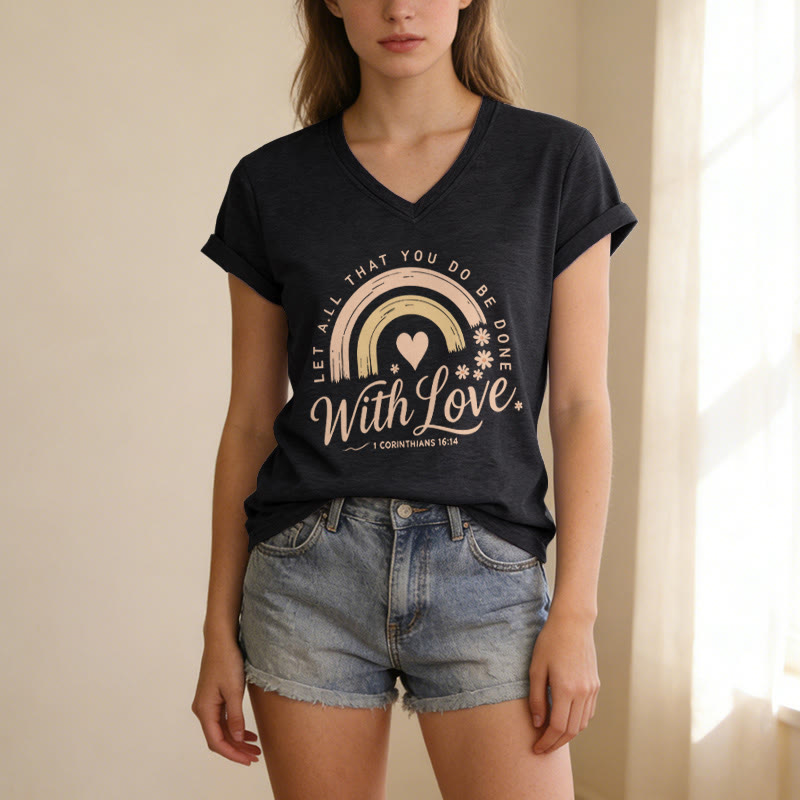Christianartworkshop T-shirt casual con scollo a V e stampa floreale arcobaleno con versetto biblico e scritta "Love". - image 15