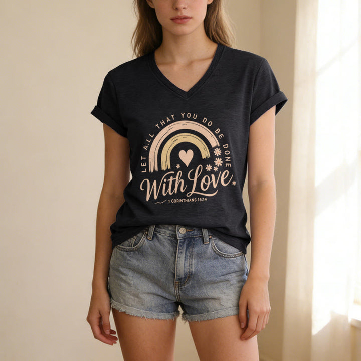 Christianartworkshop T-shirt casual con scollo a V e stampa floreale arcobaleno con versetto biblico e scritta "Love". - image 15