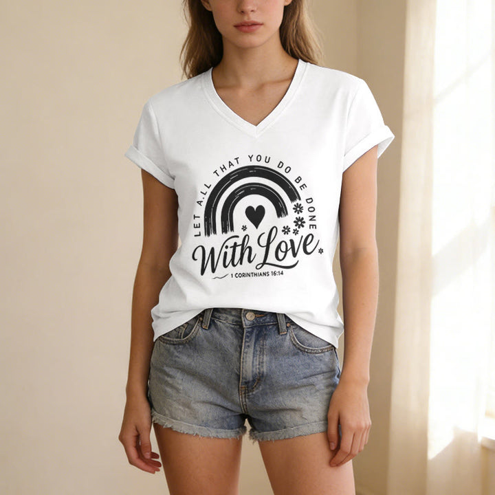 Christianartworkshop T-shirt casual con scollo a V e stampa floreale arcobaleno con versetto biblico e scritta "Love". - image 11
