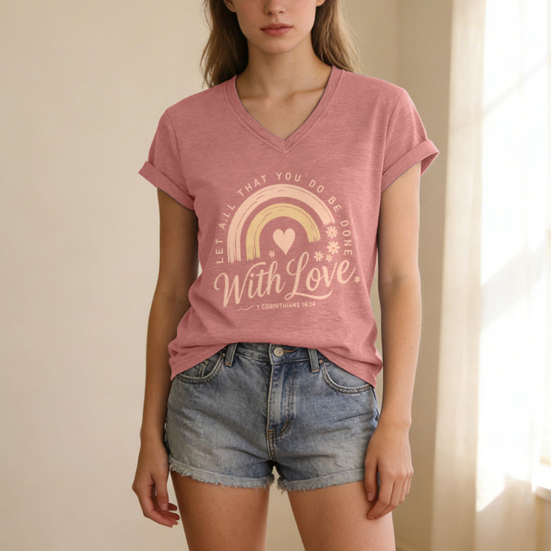 Christianartworkshop T-shirt casual con scollo a V e stampa floreale arcobaleno con versetto biblico e scritta "Love". - image 1