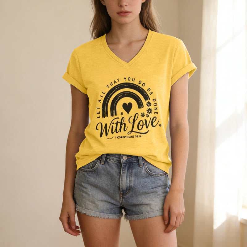 Christianartworkshop T-shirt casual con scollo a V e stampa floreale arcobaleno con versetto biblico e scritta "Love". - image 5