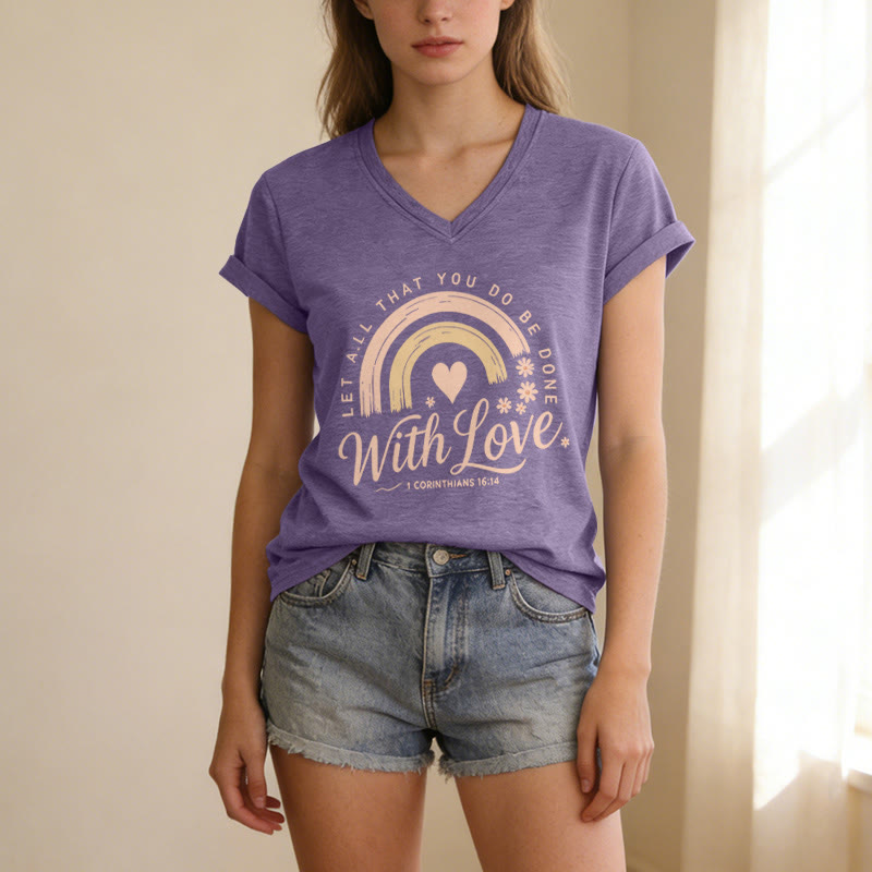 Christianartworkshop T-shirt casual con scollo a V e stampa floreale arcobaleno con versetto biblico e scritta "Love". - image 3