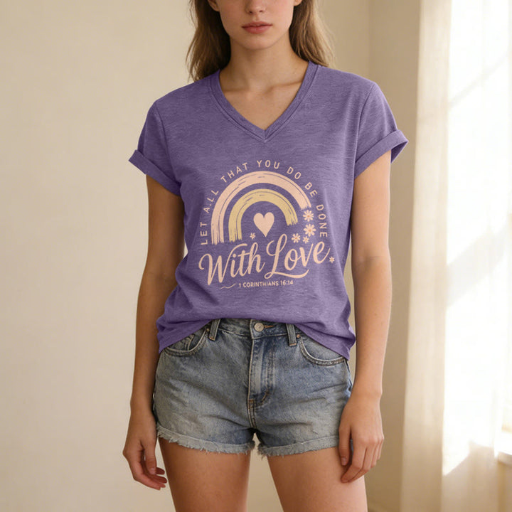 Christianartworkshop T-shirt casual con scollo a V e stampa floreale arcobaleno con versetto biblico e scritta "Love". - image 3
