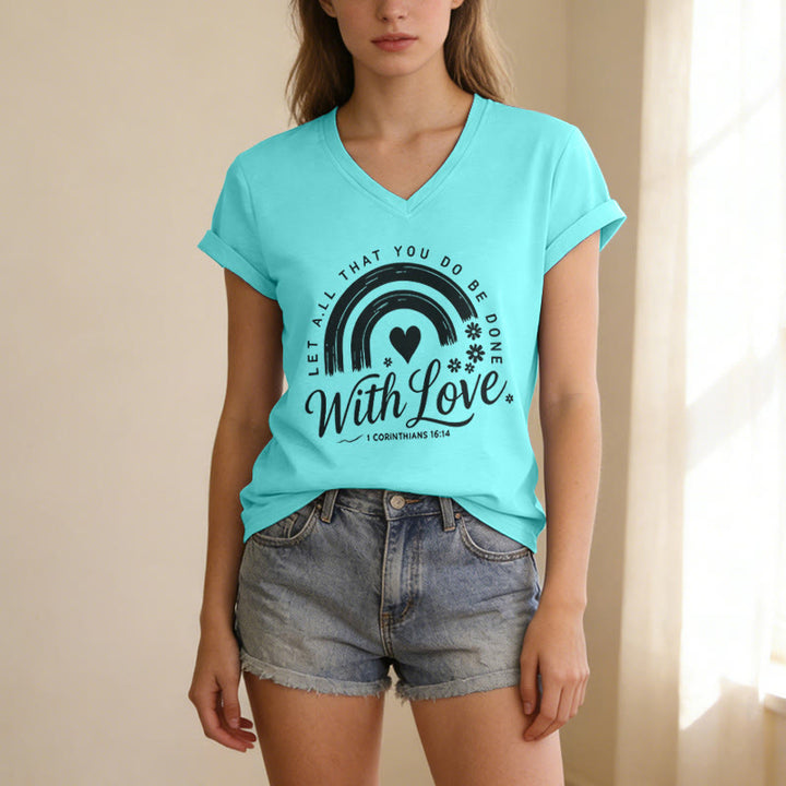 Christianartworkshop T-shirt casual con scollo a V e stampa floreale arcobaleno con versetto biblico e scritta "Love". - image 13