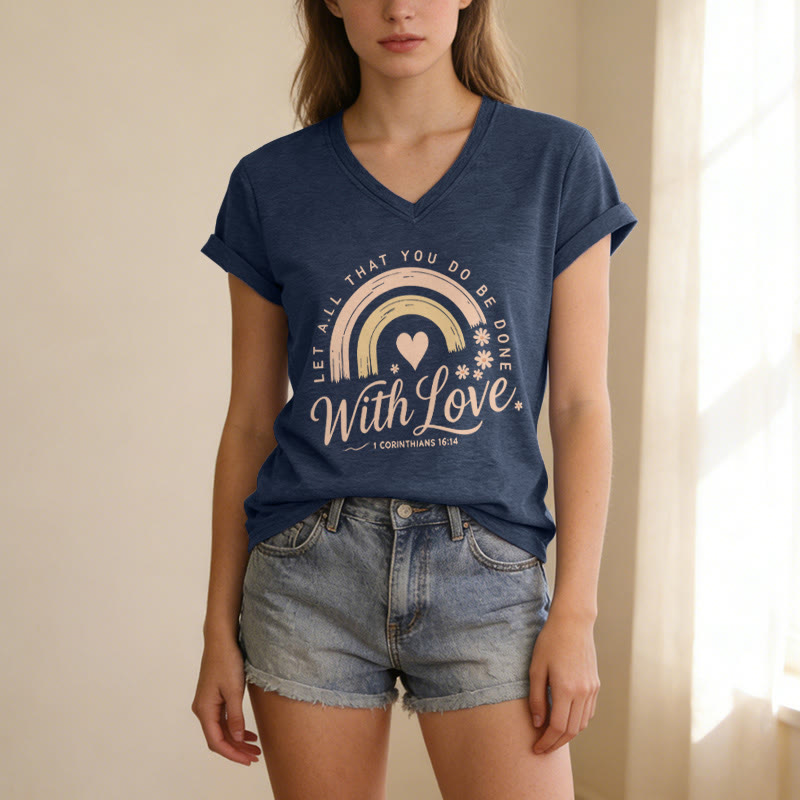 Christianartworkshop T-shirt casual con scollo a V e stampa floreale arcobaleno con versetto biblico e scritta "Love". - image 19
