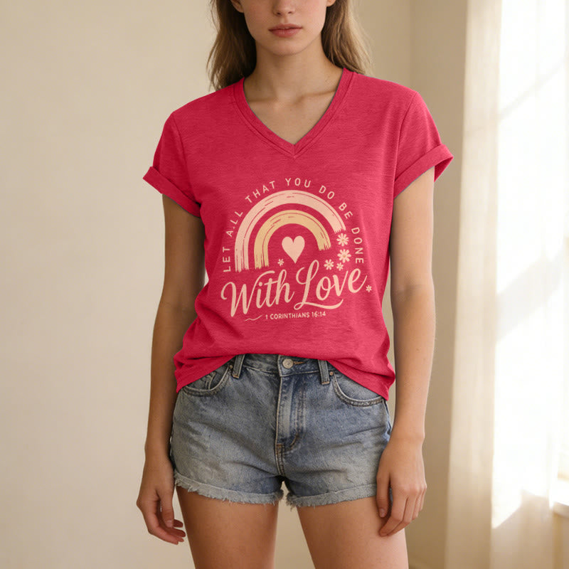 Christianartworkshop T-shirt casual con scollo a V e stampa floreale arcobaleno con versetto biblico e scritta "Love". - image 23