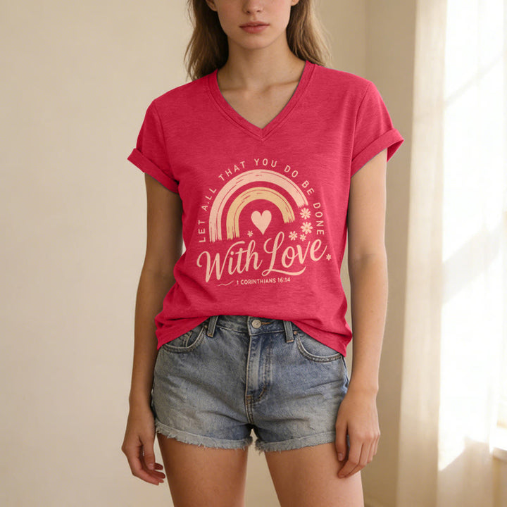 Christianartworkshop T-shirt casual con scollo a V e stampa floreale arcobaleno con versetto biblico e scritta "Love". - image 23