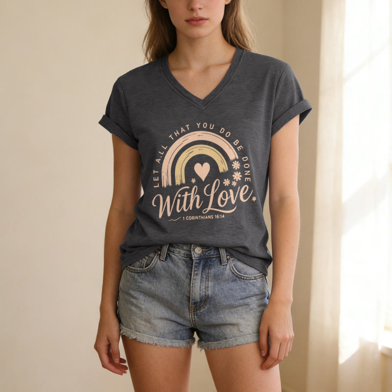 Christianartworkshop T-shirt casual con scollo a V e stampa floreale arcobaleno con versetto biblico e scritta "Love". - image 21