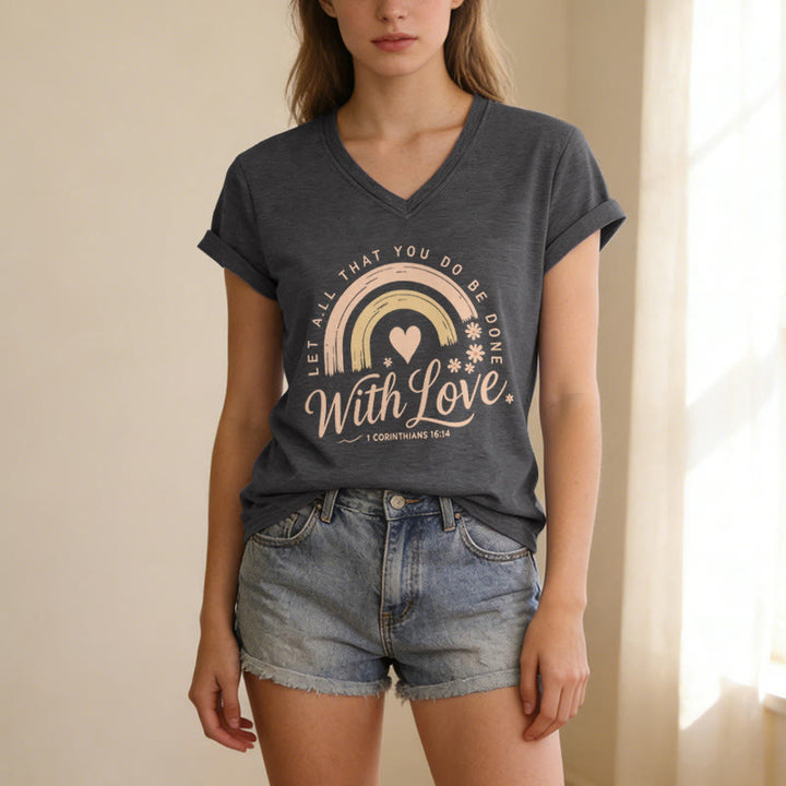 Christianartworkshop T-shirt casual con scollo a V e stampa floreale arcobaleno con versetto biblico e scritta "Love". - image 21