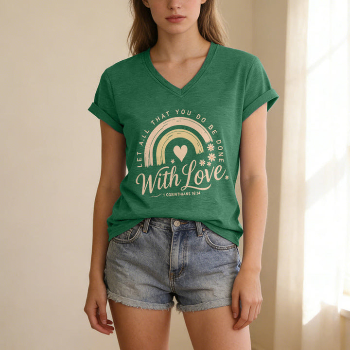 Christianartworkshop T-shirt casual con scollo a V e stampa floreale arcobaleno con versetto biblico e scritta "Love". - image 17