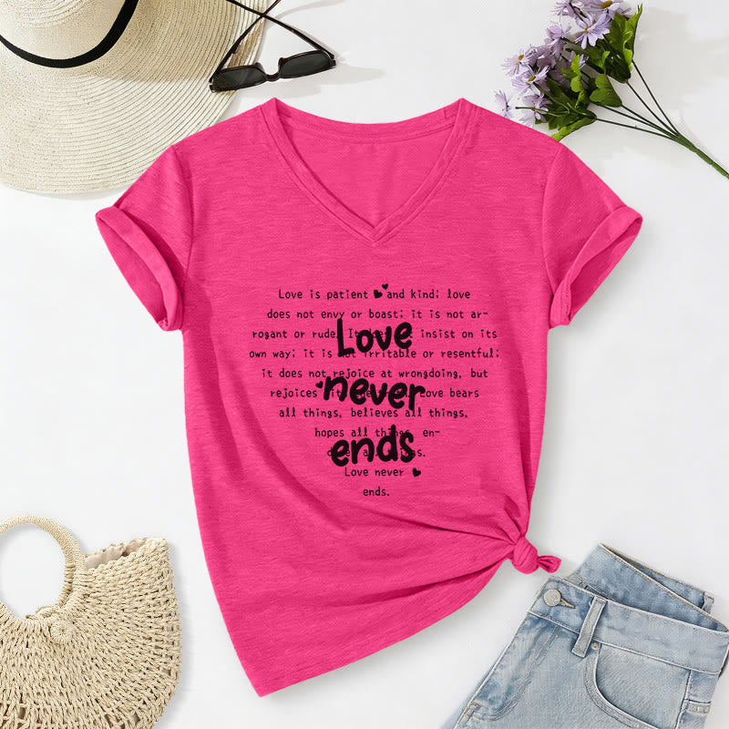 Christianartworkshop T-shirt casual con scollo a V e versetto biblico "L'amore non finisce mai". - Rosa - 2XL - image 24