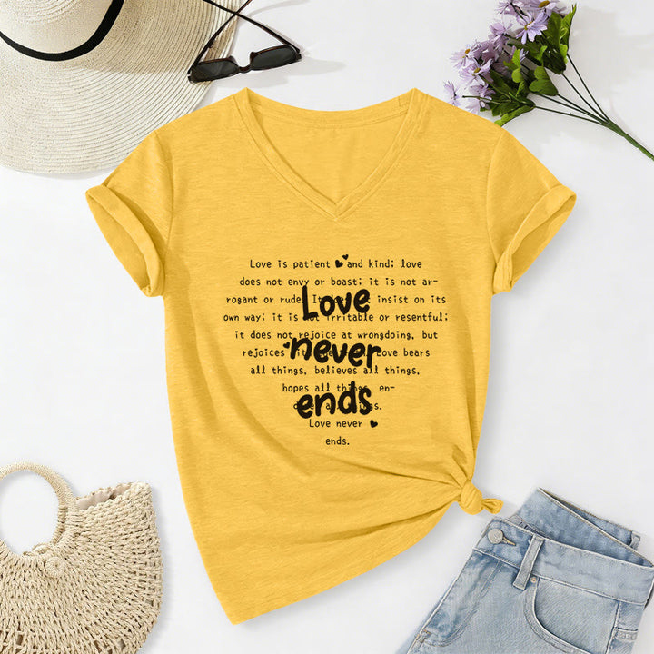 Christianartworkshop T-shirt casual con scollo a V e versetto biblico "L'amore non finisce mai". - Giallo - 2XL - image 2